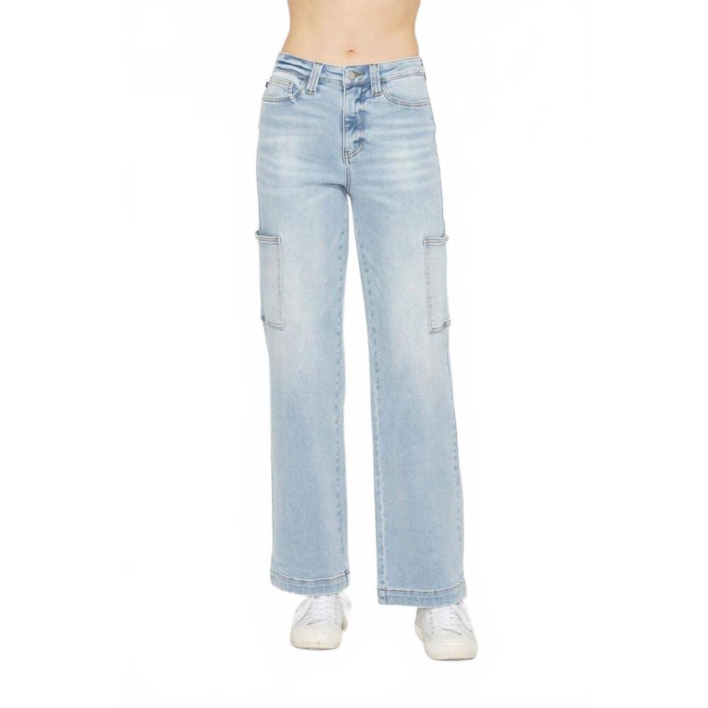 NEW JUDY BLUE high waist cargo wide leg denim jeans in light blue